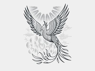 Phoenix bird engraving etching greek mythology illustration line art print scratchboard woodcut